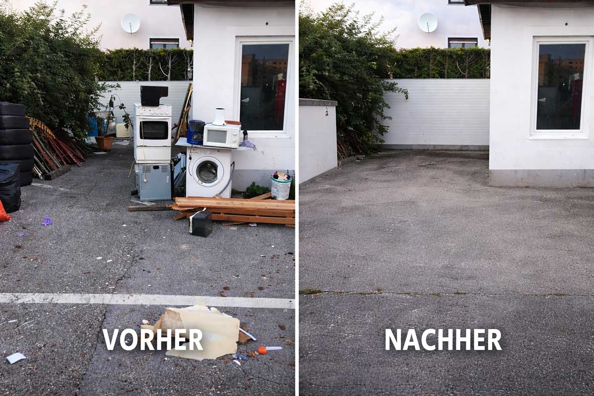 Betriebsauflösung Graz vorher nachher – Räumung eines Firmenhofs mit Container und Entrümpelung
