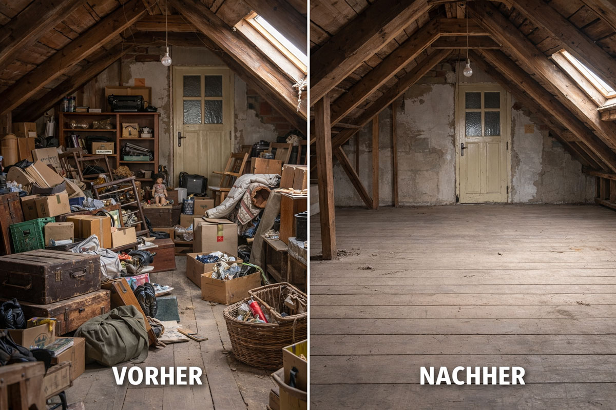 Dachbodenräumung Graz vorher nachher – vermüllter Dachboden mit Kisten und Möbeln vor der Entrümpelung und leerer Dachboden nach der Räumung
