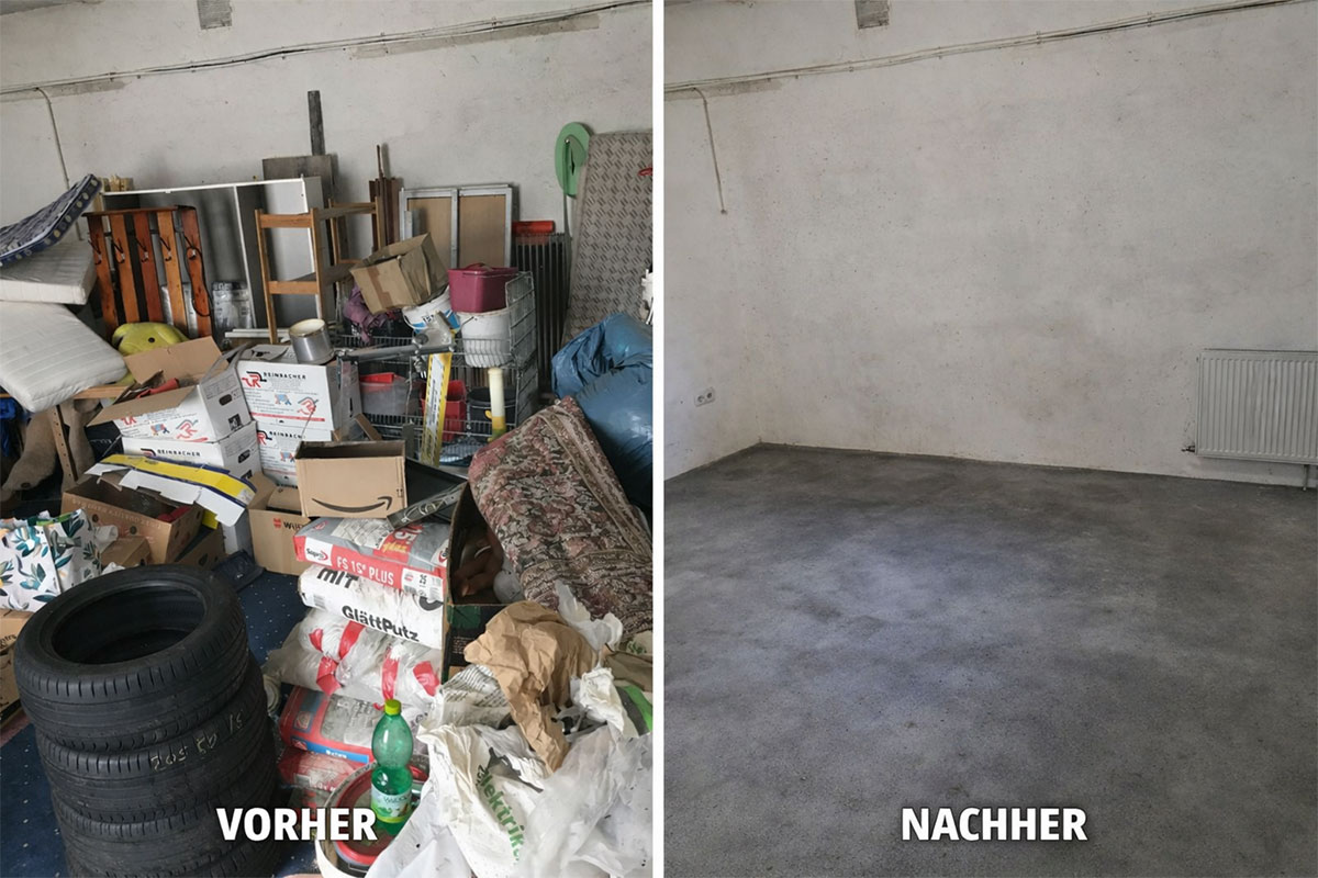Garagenräumung Graz vorher nachher – stark überfüllte Garage vor der Entrümpelung und besenreine Garage nach der Räumung.