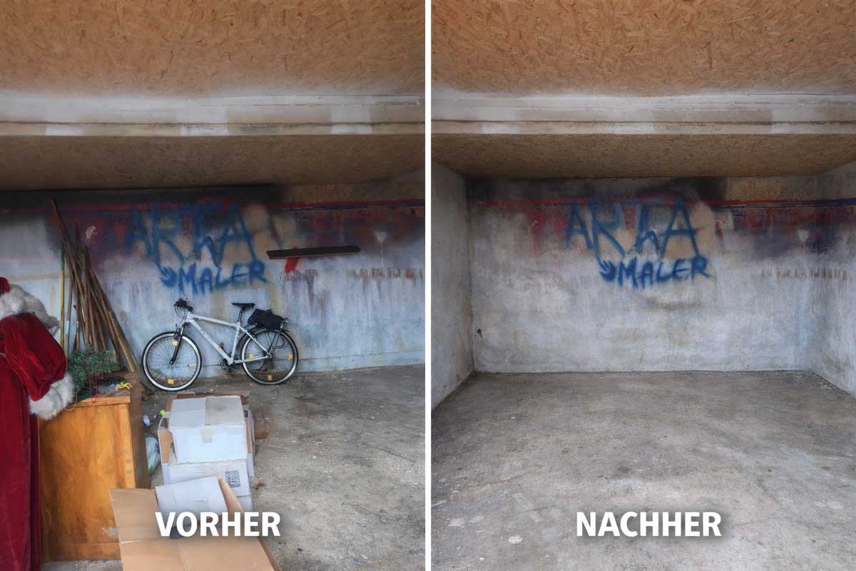 Kellerentrümpelung Graz vorher nachher Kellerraum vor und nach der Entrümpelung mit besenreiner Übergabe