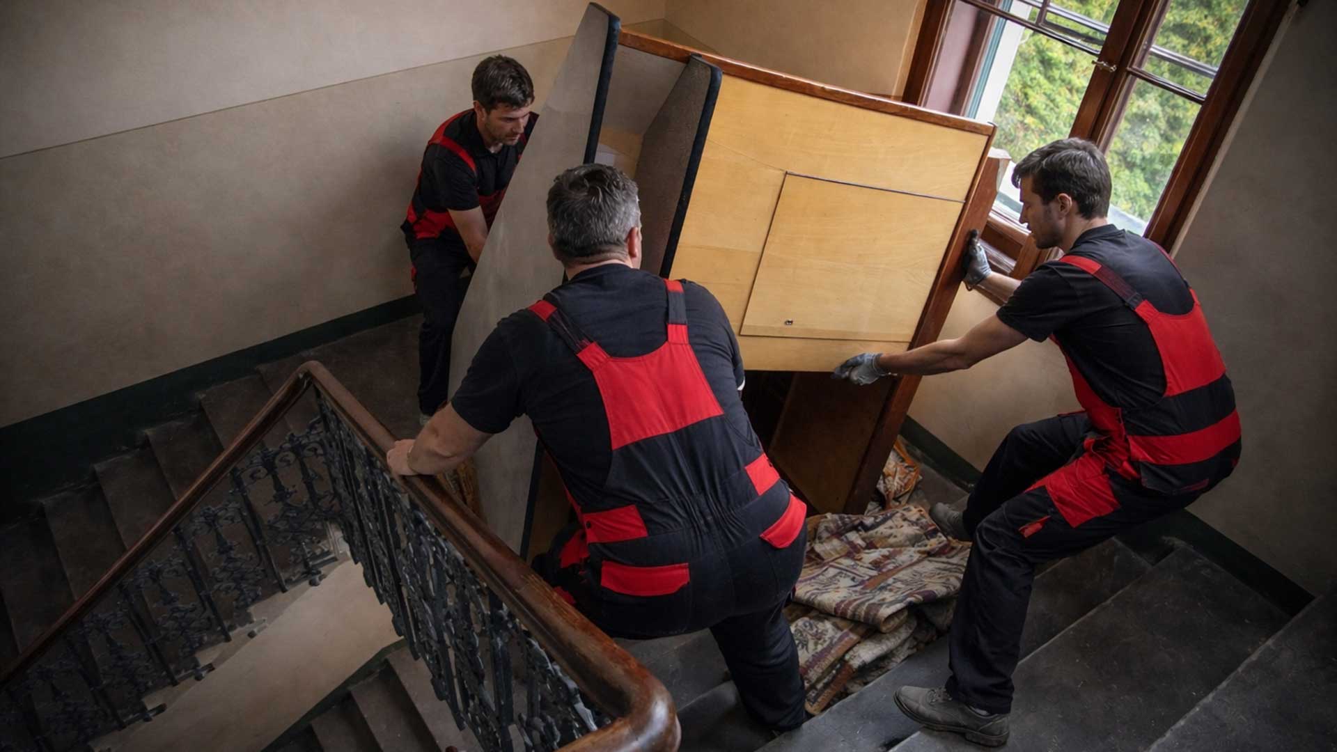 Mitarbeiter tragen schweren Schrank über enges Treppenhaus – Möbelentsorgung Graz